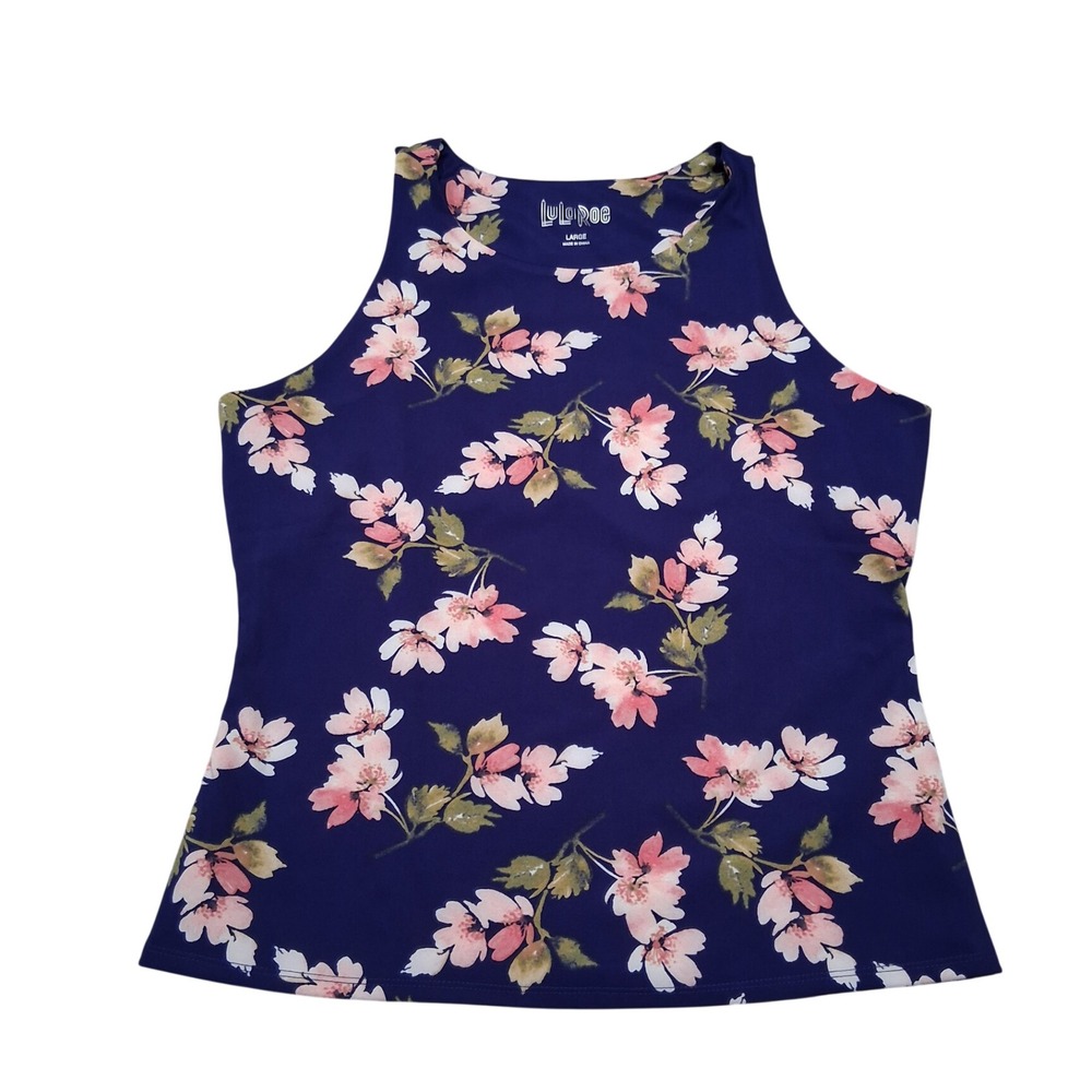 LuLaRoe Jules Tank Top Large Navy Blue Pink Floral Sleeveless High Neck New
